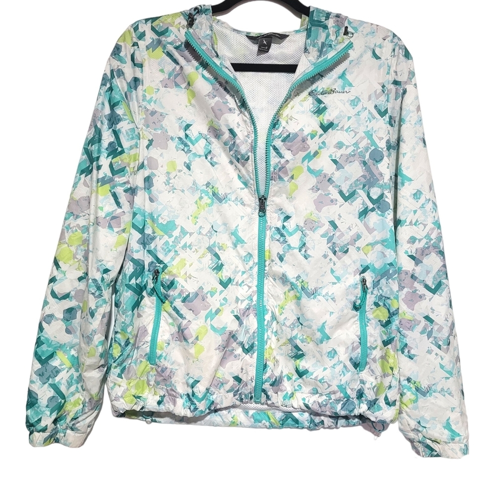 Eddie Bauer Lightweight Nylon Rain Jacket Teal White Geometric Women's Medium
